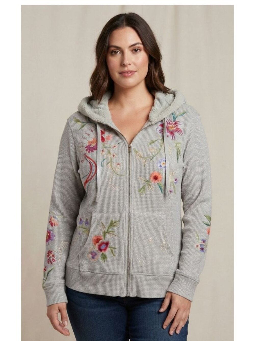 Johnny Was Colette Metallic Thermal Embroidery Zip Faux Sherpa Trim Hoodie M NWT